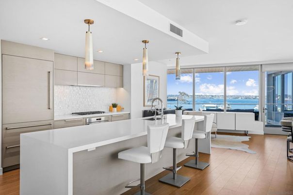Interior, Kitchen, Pendant Lights, Recessed Lighting, Stainless Steel Appliances, Water, Wood Texture Flooring