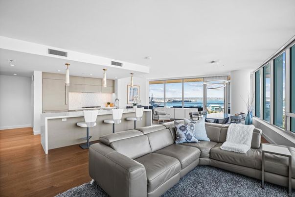 Dining room, Interior, Kitchen, Living room, Pendant Lights, Recessed Lighting, Water, Wood Texture Flooring