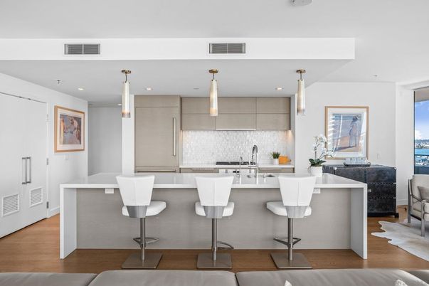 Interior, Kitchen, Pendant Lights, Recessed Lighting, Water, Wood Texture Flooring