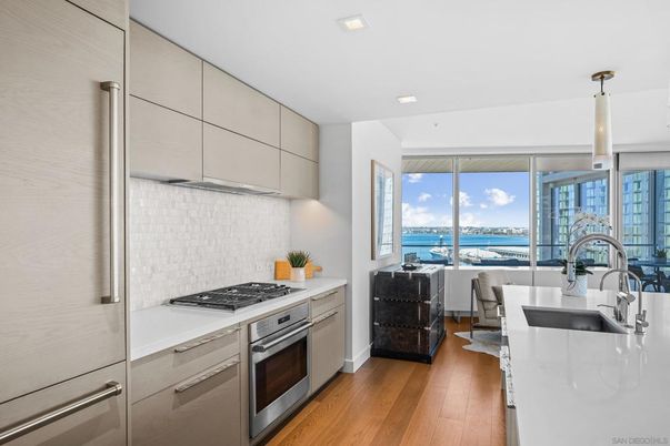 Interior, Kitchen, Pendant Lights, Recessed Lighting, Stainless Steel Appliances, Water, Wood Texture Flooring