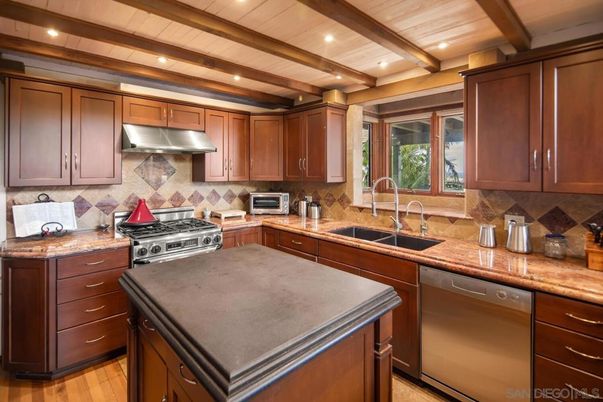 Interior, Kitchen, Recessed Lighting, Stainless Steel Appliances, Wooden Beams, Wooden Ceilings, Wood Texture Flooring