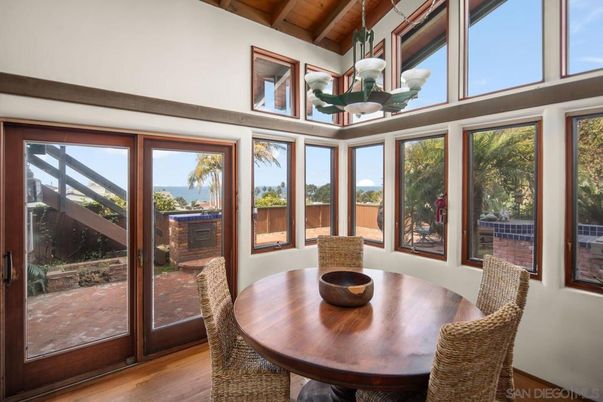 Dining room, Interior, Sun Room, Water, Wooden Beams, Wooden Ceilings, Wood Texture Flooring