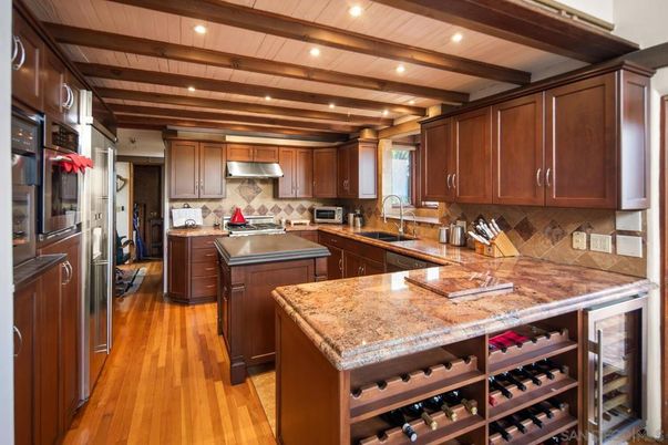 Interior, Kitchen, Recessed Lighting, Stainless Steel Appliances, Wooden Beams, Wooden Ceilings, Wood Texture Flooring