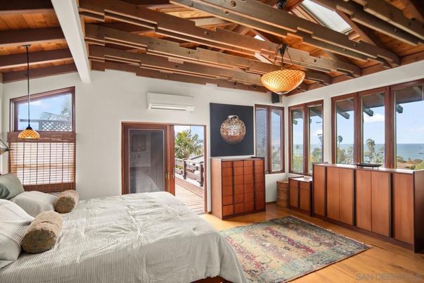 Bedroom, Interior, Pendant Lights, Water, Wooden Beams, Wooden Ceilings, Wood Texture Flooring