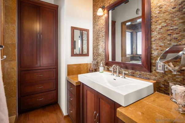 Bathroom, Interior, Stone Walls, Tile Countertops, Wood Texture Flooring