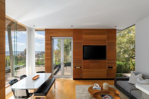 Dining room, Interior, Living room, Recessed Lighting, Wood Texture Flooring