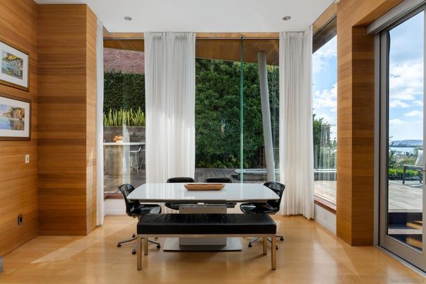 Dining room, Interior, Recessed Lighting, Wood Texture Flooring, Wooden Walls