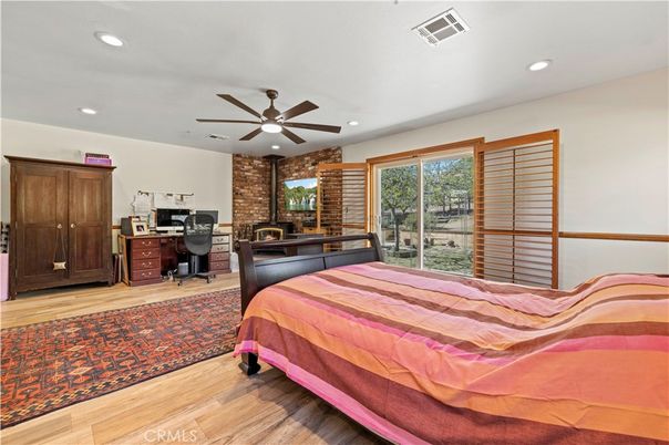 Bedroom, Home Office, Interior, Recessed Lighting, Stone Walls, Wood Texture Flooring