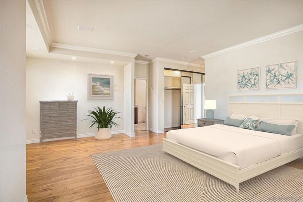 Bedroom, Interior, Recessed Lighting, Wood Texture Flooring