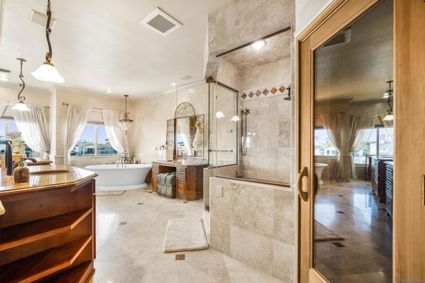 Bathroom, Dual Sink Vanities, Free Standing Baths, Glass Shower, Interior, Pendant Lights, Recessed Lighting