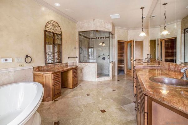 Bathroom, Dual Sink Vanities, Free Standing Baths, Glass Shower, Interior, Pendant Lights, Recessed Lighting