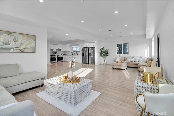 Interior, Kitchen, Living room, Recessed Lighting, Stainless Steel Appliances, Wood Texture Flooring