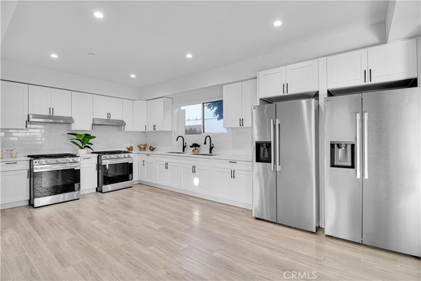 Interior, Kitchen, Recessed Lighting, Stainless Steel Appliances, Wood Texture Flooring