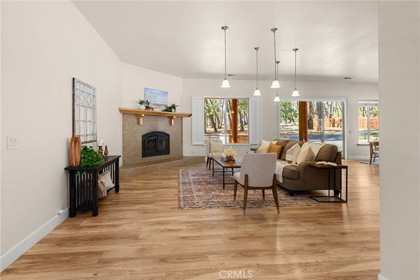 Fireplace, Interior, Living room, Pendant Lights, Wood Texture Flooring