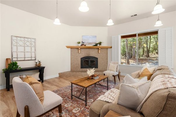 Fireplace, Interior, Living room, Pendant Lights, Wood Texture Flooring