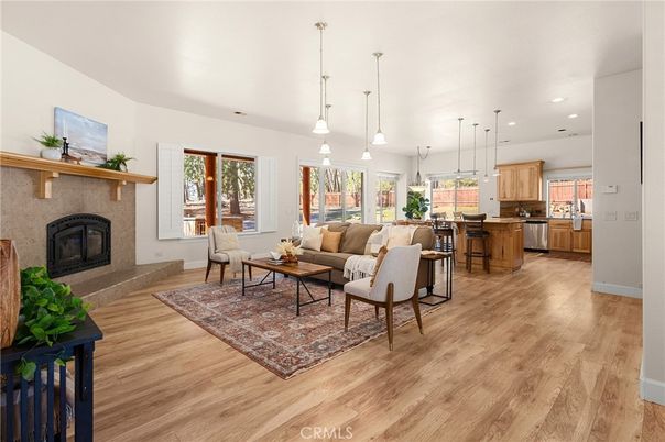 Dining room, Fireplace, Interior, Kitchen, Living room, Pendant Lights, Recessed Lighting, Wood Texture Flooring