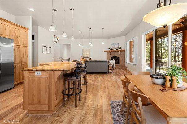 Dining room, Fireplace, Interior, Kitchen, Living room, Pendant Lights, Recessed Lighting, Wood Texture Flooring