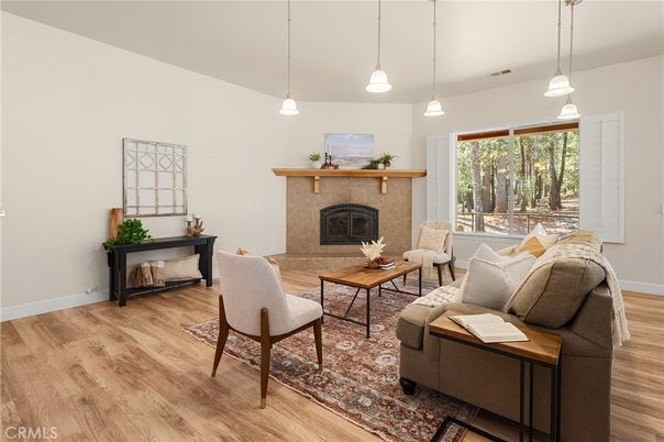 Fireplace, Interior, Living room, Pendant Lights, Wood Texture Flooring