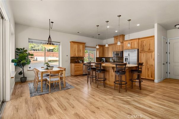 Dining room, Interior, Kitchen, Pendant Lights, Recessed Lighting, Wood Texture Flooring