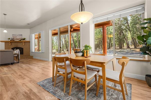 Dining room, Interior, Pendant Lights, Wood Texture Flooring