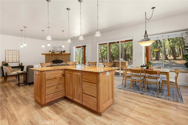 Dining room, Interior, Pendant Lights, Wood Texture Flooring