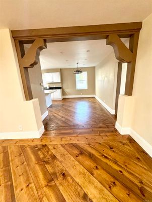 Empty room, Interior, Kitchen, Pendant Lights, Recessed Lighting, Wood Texture Flooring