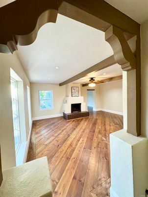 Empty room, Fireplace, Interior, Recessed Lighting, Wood Texture Flooring