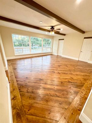 Empty room, Interior, Recessed Lighting, Wooden Beams, Wood Texture Flooring