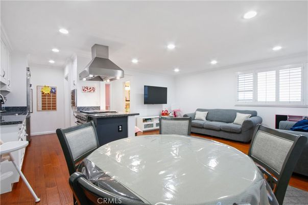 Dining room, Interior, Kitchen, Living room, Recessed Lighting, Wood Texture Flooring