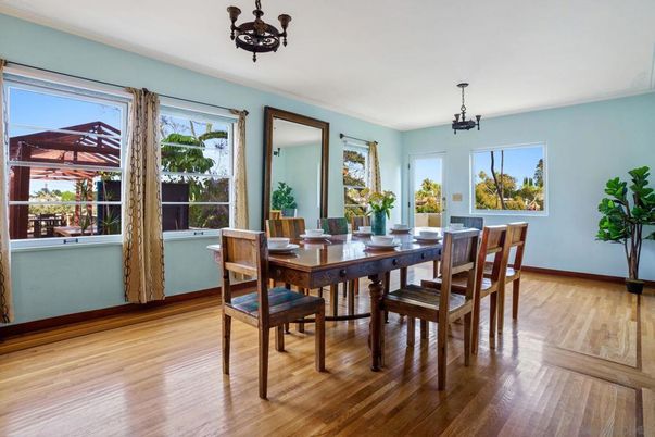 Dining room, Interior, Pendant Lights, Wood Texture Flooring