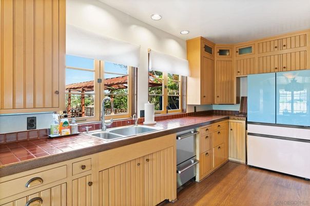 Interior, Kitchen, Recessed Lighting, Tile Countertops, Wood Texture Flooring
