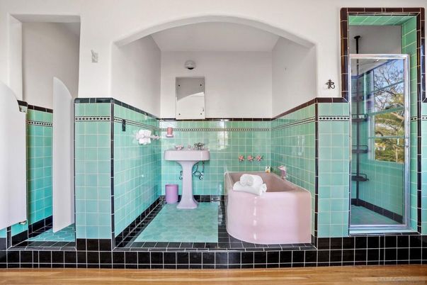 Bathroom, Glass Shower, Interior, Wood Texture Flooring