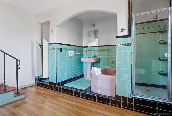 Bathroom, Glass Shower, Interior, Wood Texture Flooring
