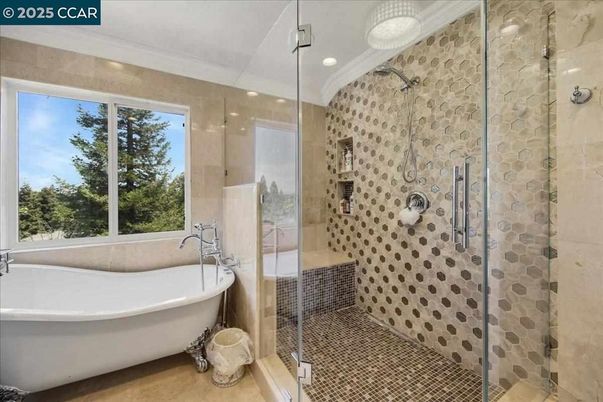 Bathroom, Free Standing Baths, Glass Shower, Interior, Recessed Lighting