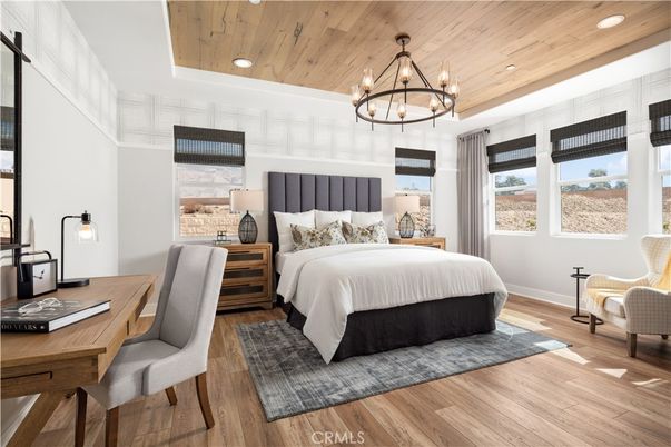 Bedroom, Chandelier, Home Office, Interior, Recessed Lighting, Wooden Ceilings, Wood Texture Flooring