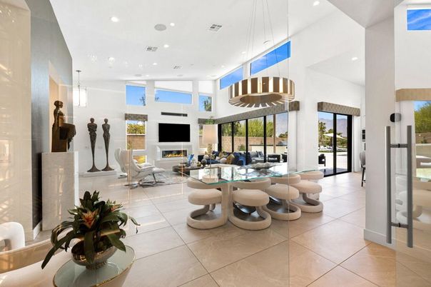 Dining room, Fireplace, Interior, Living room, Pendant Lights, Recessed Lighting