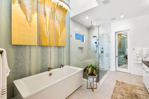 Bathroom, Free Standing Baths, Glass Shower, Interior, Marble Walls, Recessed Lighting