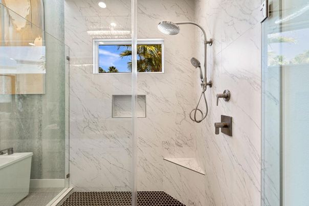 Bathroom, Glass Shower, Interior, Marble Walls
