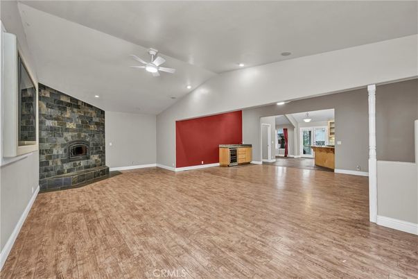 Empty room, Fireplace, Interior, Recessed Lighting, Wood Texture Flooring