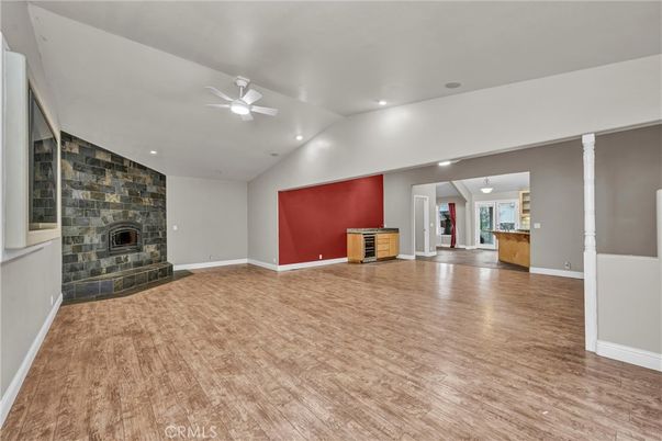 Empty room, Fireplace, Interior, Recessed Lighting, Wood Texture Flooring