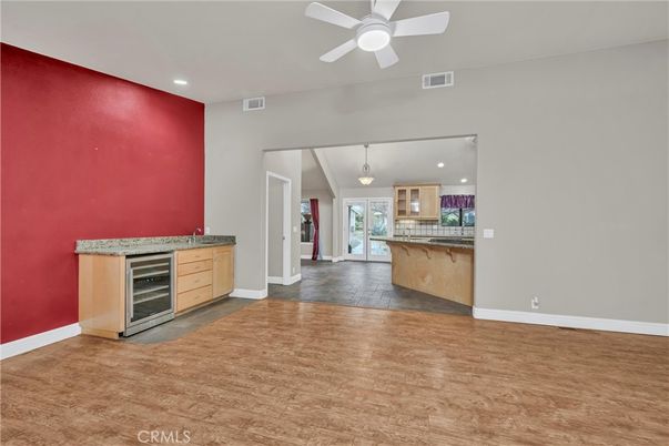 Empty room, Interior, Kitchen, Pendant Lights, Recessed Lighting, Wood Texture Flooring