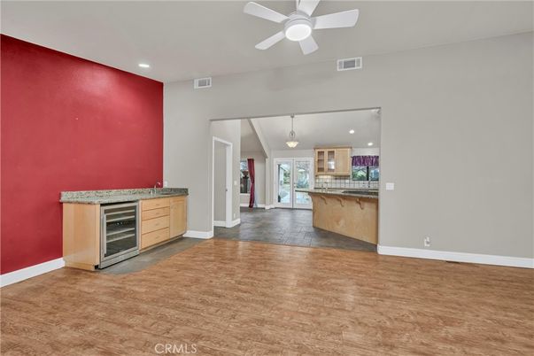 Empty room, Interior, Kitchen, Pendant Lights, Recessed Lighting, Wood Texture Flooring