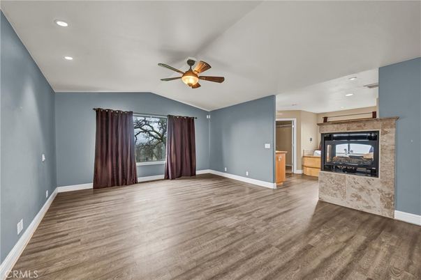 Empty room, Fireplace, Interior, Recessed Lighting, Wood Texture Flooring