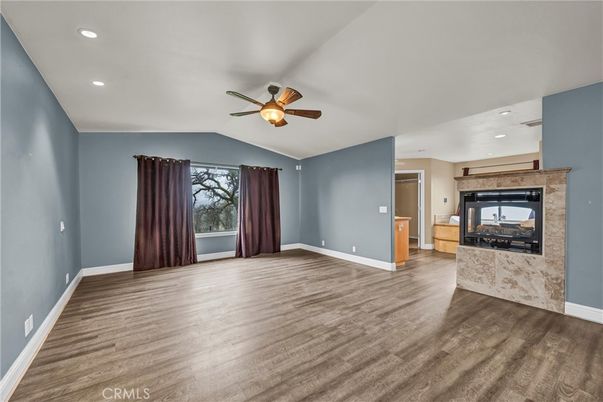 Empty room, Fireplace, Interior, Recessed Lighting, Wood Texture Flooring