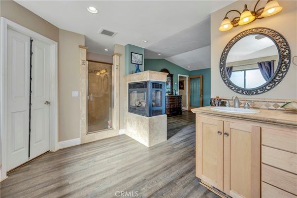 Bathroom, Glass Shower, Interior, Recessed Lighting, Wood Texture Flooring