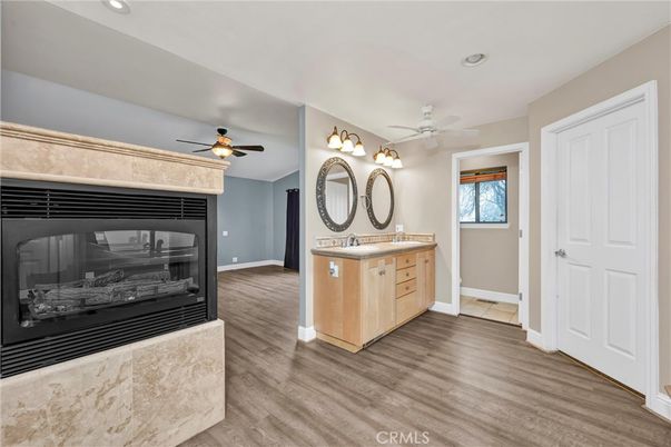 Bathroom, Fireplace, Interior, Recessed Lighting, Wood Texture Flooring