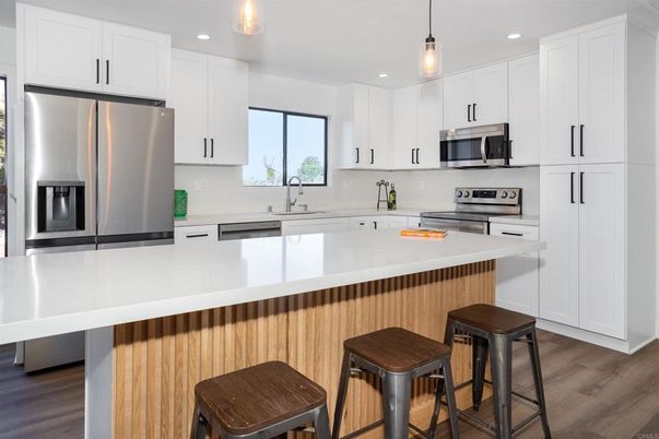 Interior, Kitchen, Pendant Lights, Recessed Lighting, Stainless Steel Appliances, Wood Texture Flooring