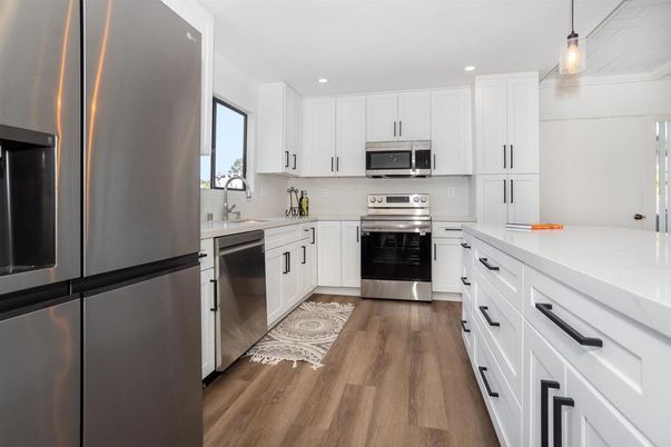Interior, Kitchen, Pendant Lights, Recessed Lighting, Stainless Steel Appliances, Wood Texture Flooring