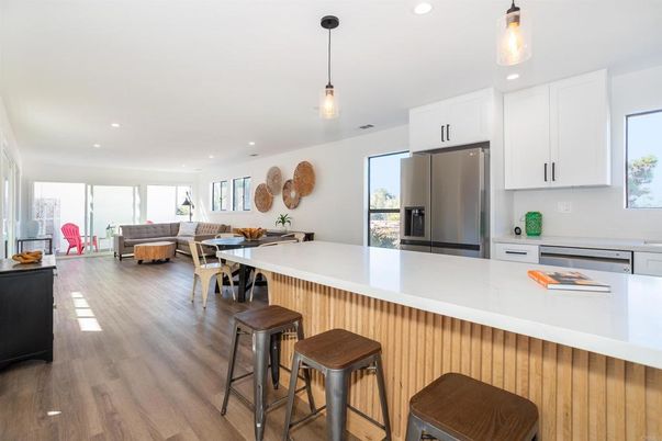 Dining room, Interior, Kitchen, Living room, Pendant Lights, Recessed Lighting, Stainless Steel Appliances, Wood Texture Flooring