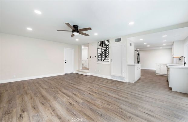 Empty room, Interior, Kitchen, Recessed Lighting, Wood Texture Flooring